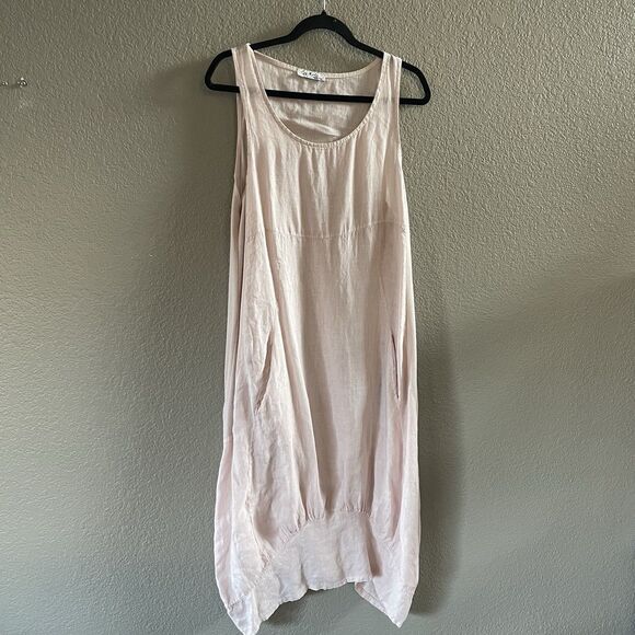 Gigi Moda Midi Dress Women’s One Size Pale Pink Luna 100% Linen Lagenlook Artsy - Picture 4 of 10